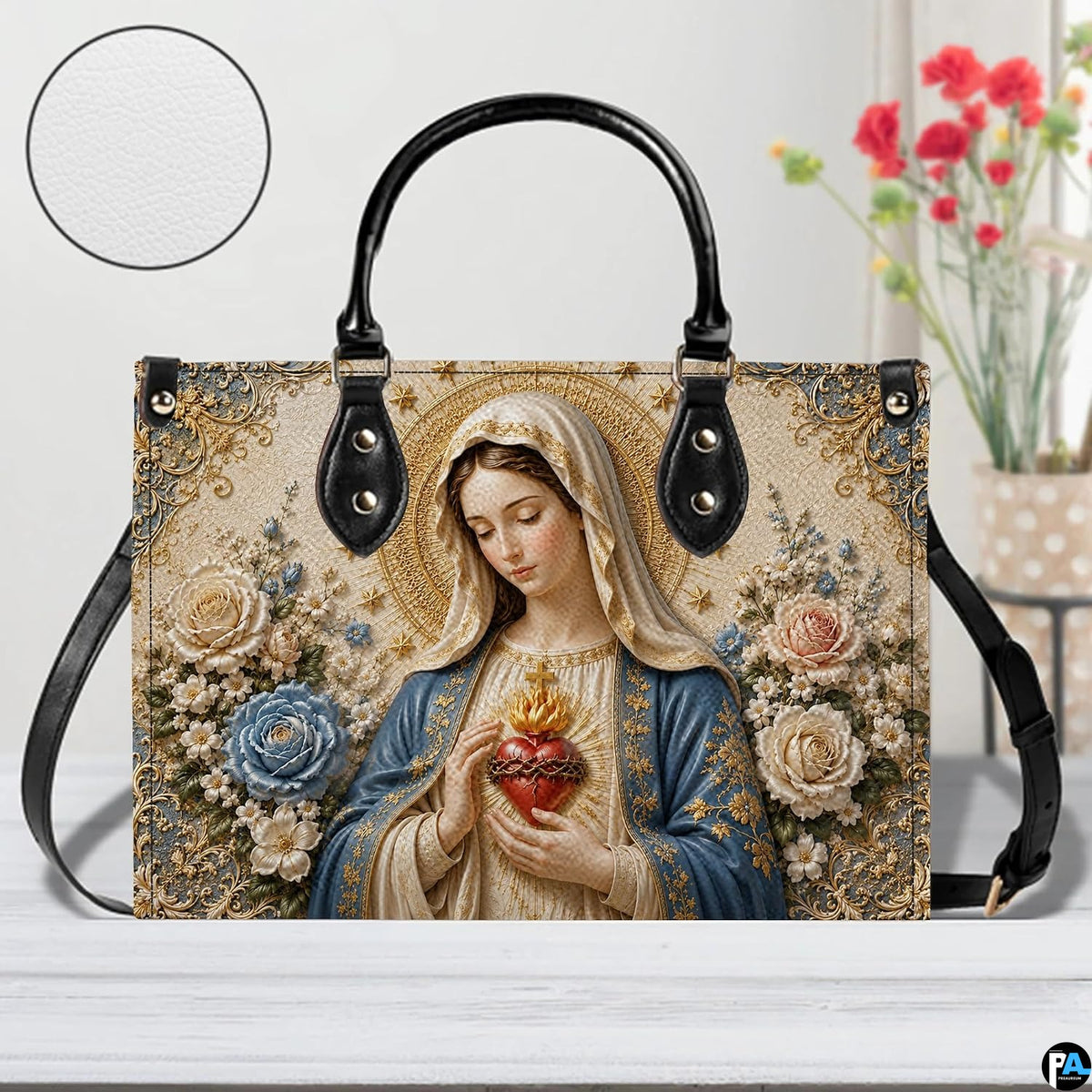 Immaculate Heart of Mary handbag displayed with texture zoom detail inset