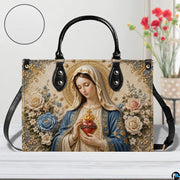 Immaculate Heart of Mary handbag displayed with texture zoom detail inset