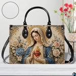 Immaculate Heart of Mary handbag displayed with texture zoom detail inset