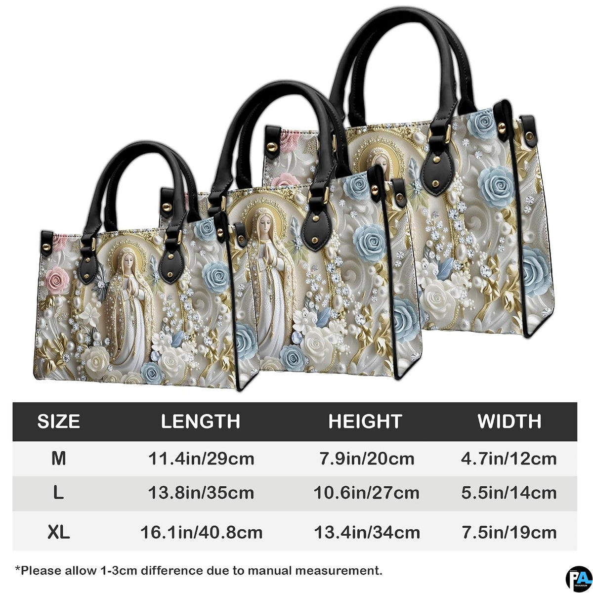 Size reference chart showing medium, large, and extra-large handbag dimensions