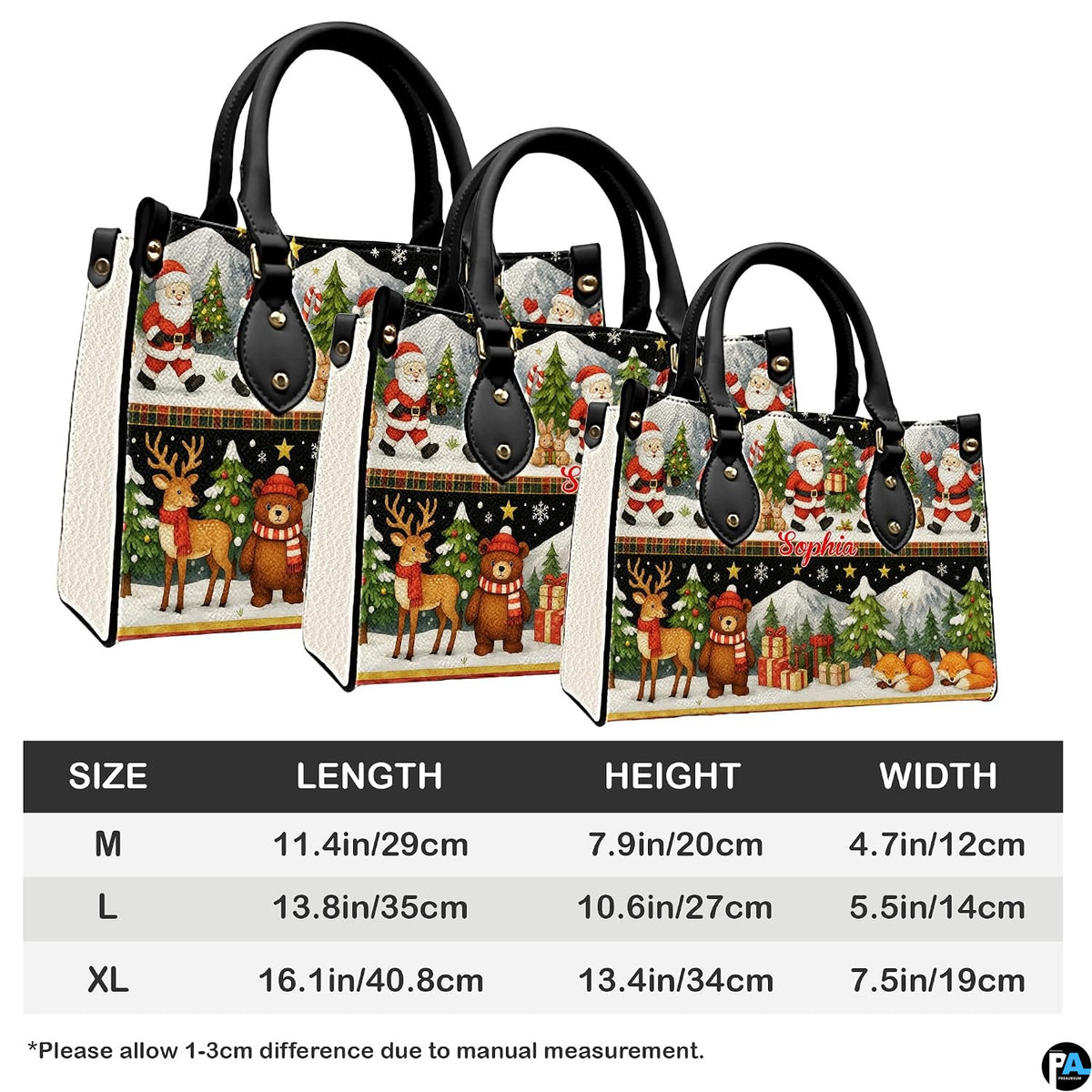 Front exterior view of matching zip-around wallet displaying coordinating Santa and woodland wildlife graphic.