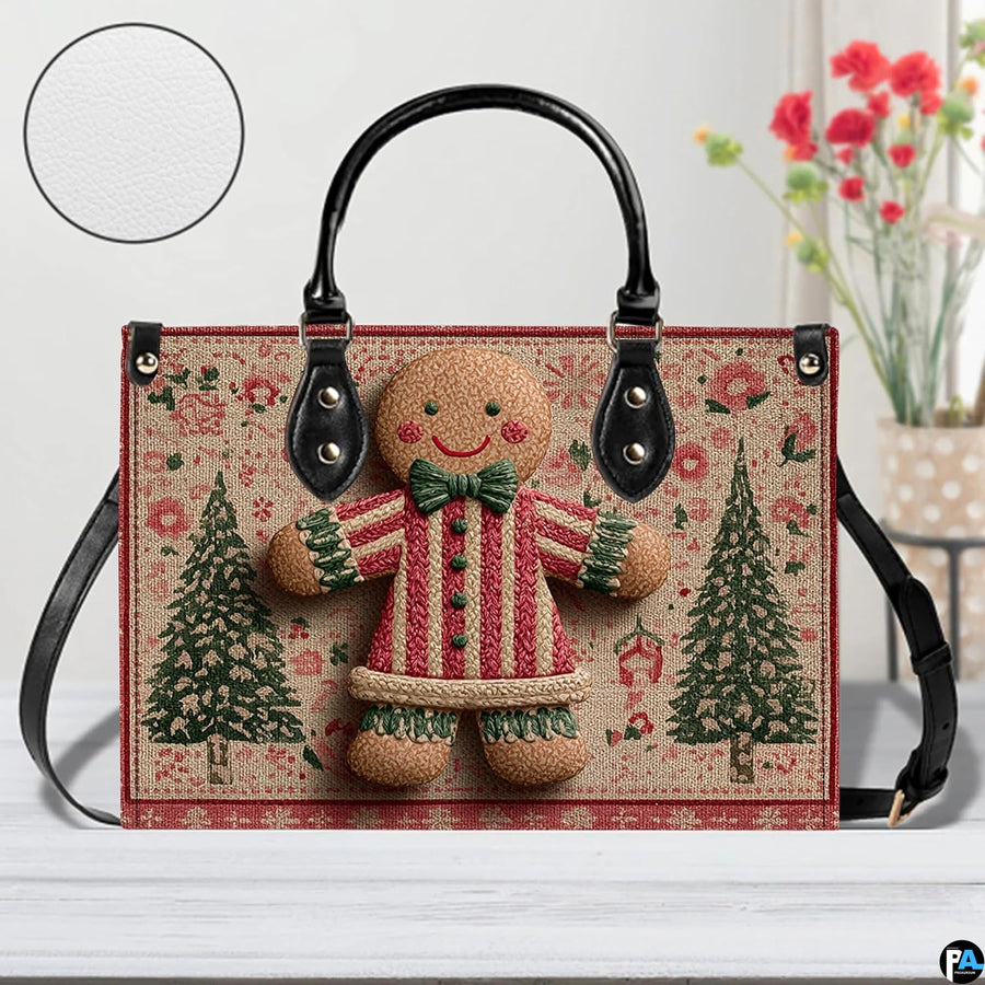 Detailed surface view highlighting smiling gingerbread figure and botanical holiday print