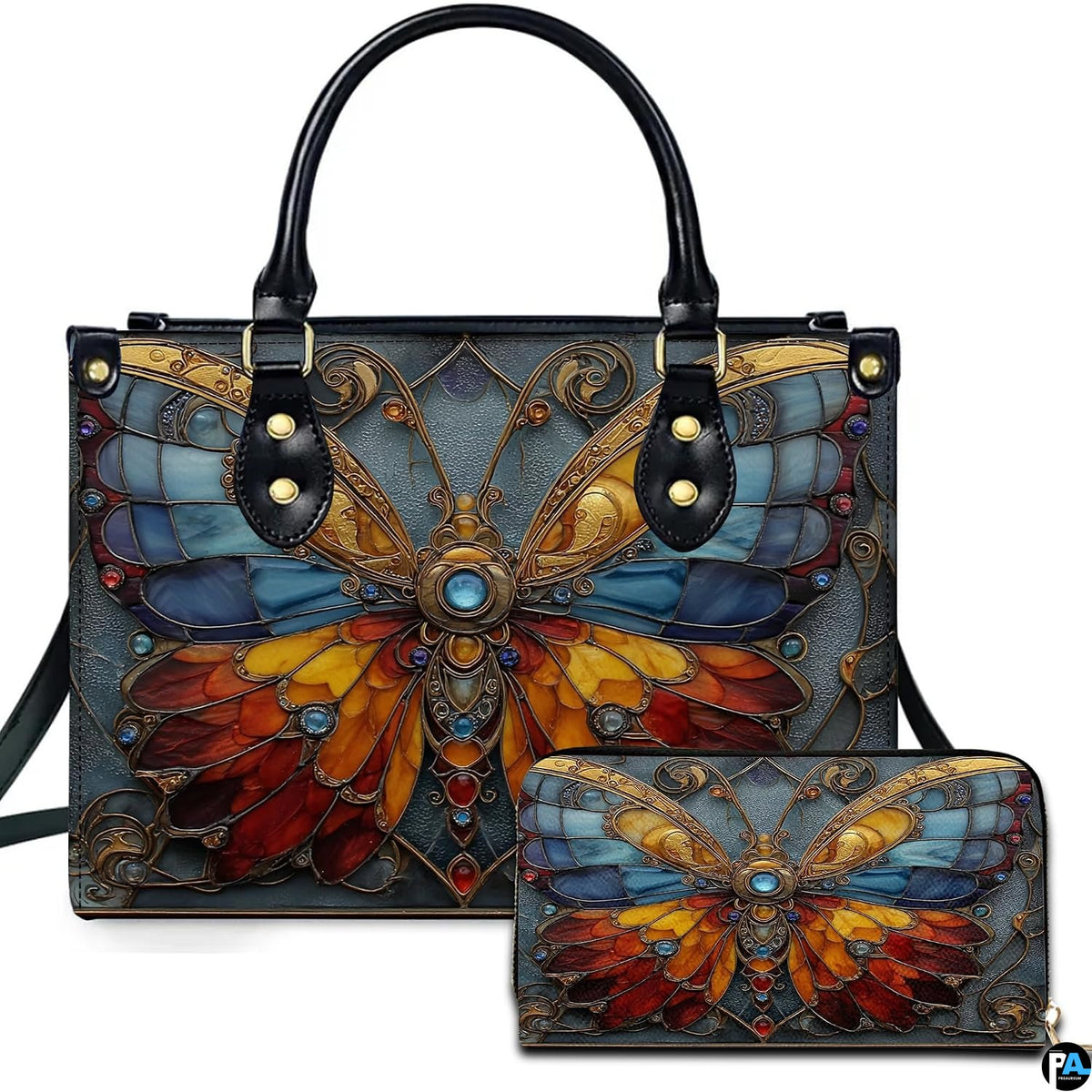 Front view of stained glass butterfly handbag paired with matching zip wallet featuring colorful leaded glass wings