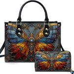 Front view of stained glass butterfly handbag paired with matching zip wallet featuring colorful leaded glass wings