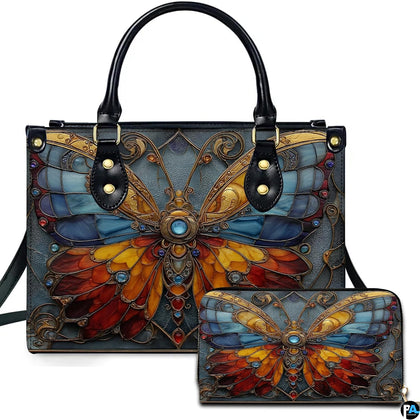 Front view of stained glass butterfly handbag paired with matching zip wallet featuring colorful leaded glass wings