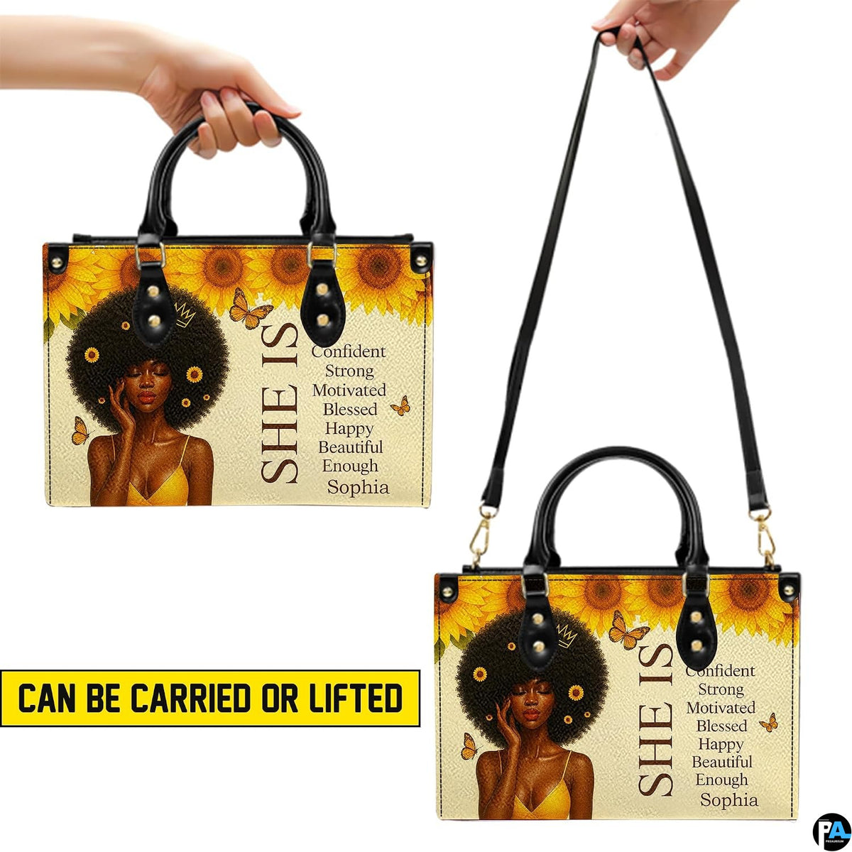 Display showcasing carrying versatility with dual top handles and shoulder styling.