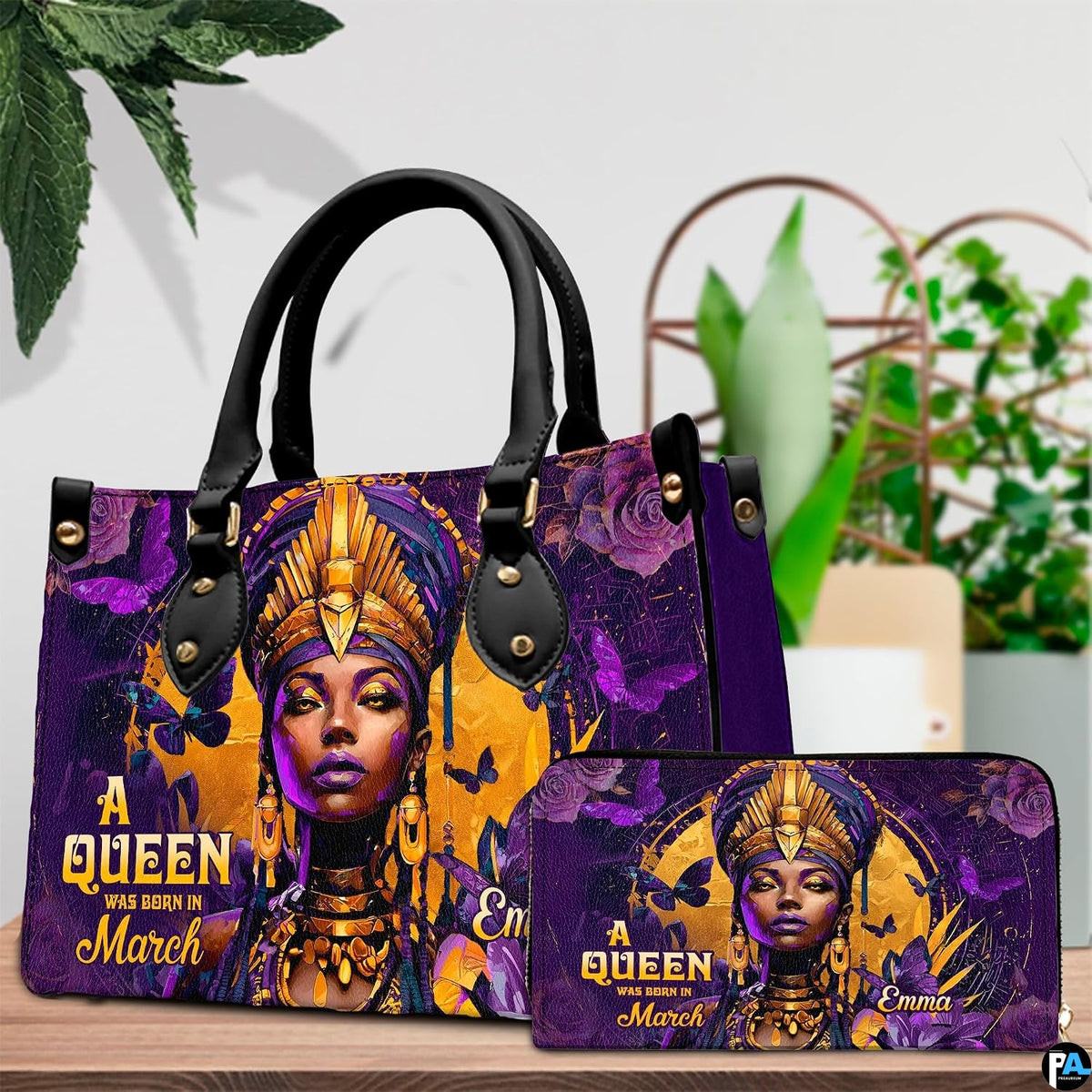 Coordinated regal African queen tote handbag and zippered wallet duo