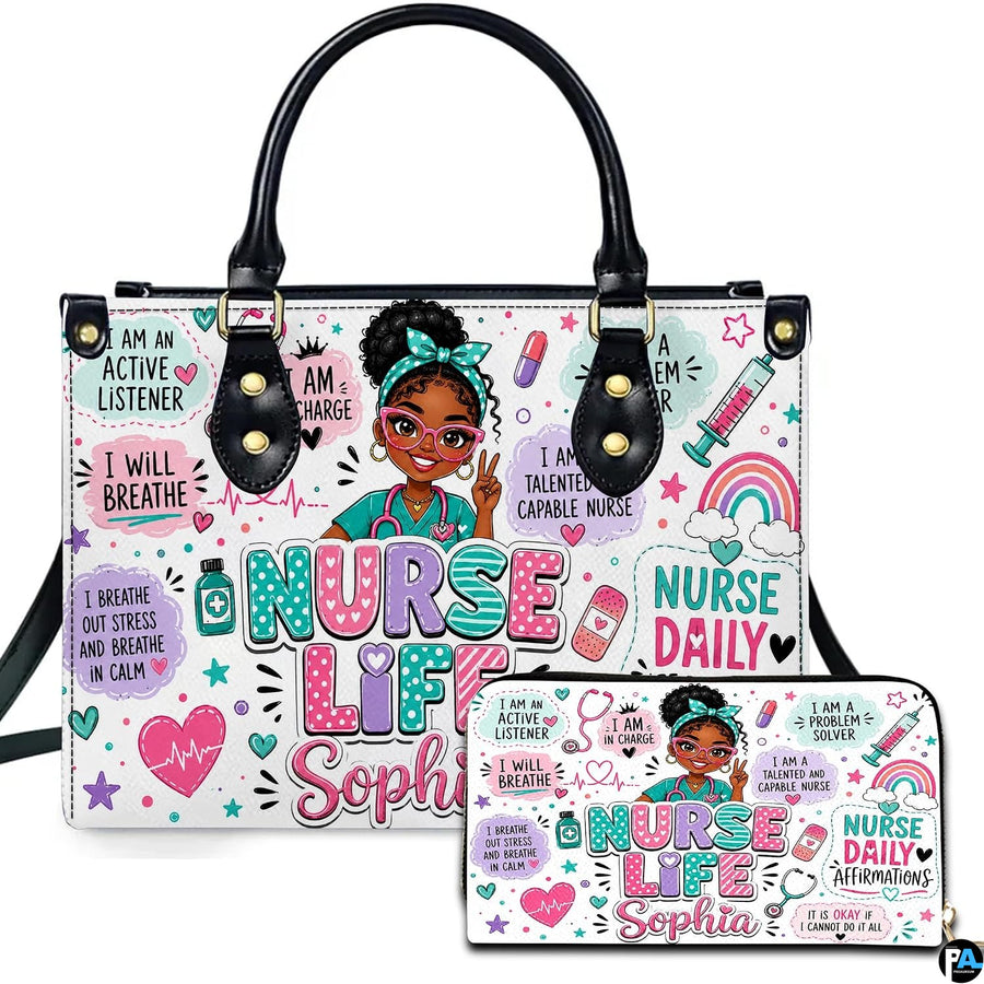 Front view of nurse affirmation art showing cartoon nurse portrait, positive quotes, and matching accessory.