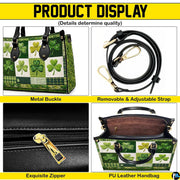 Detail views of green clover handbag with checkerboard botanical artwork