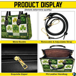 Detail views of green clover handbag with checkerboard botanical artwork