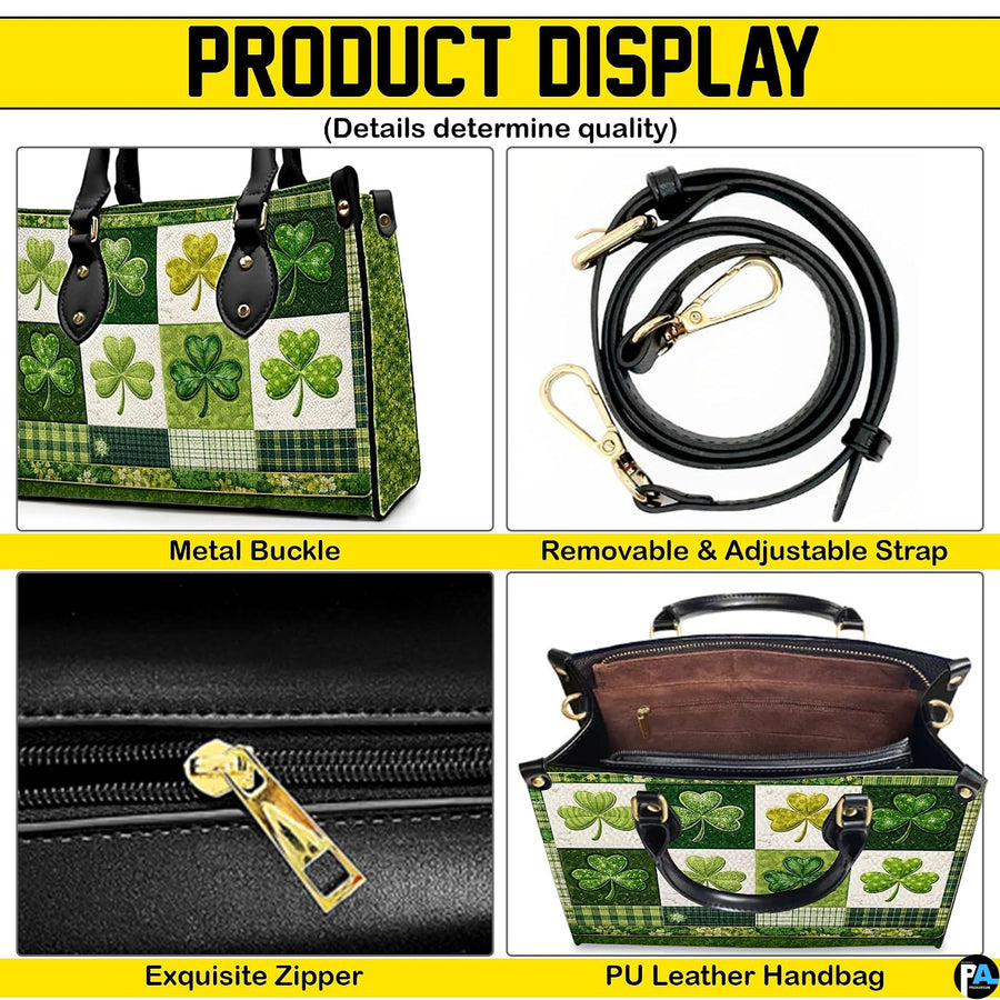 Detail views of green clover handbag with checkerboard botanical artwork