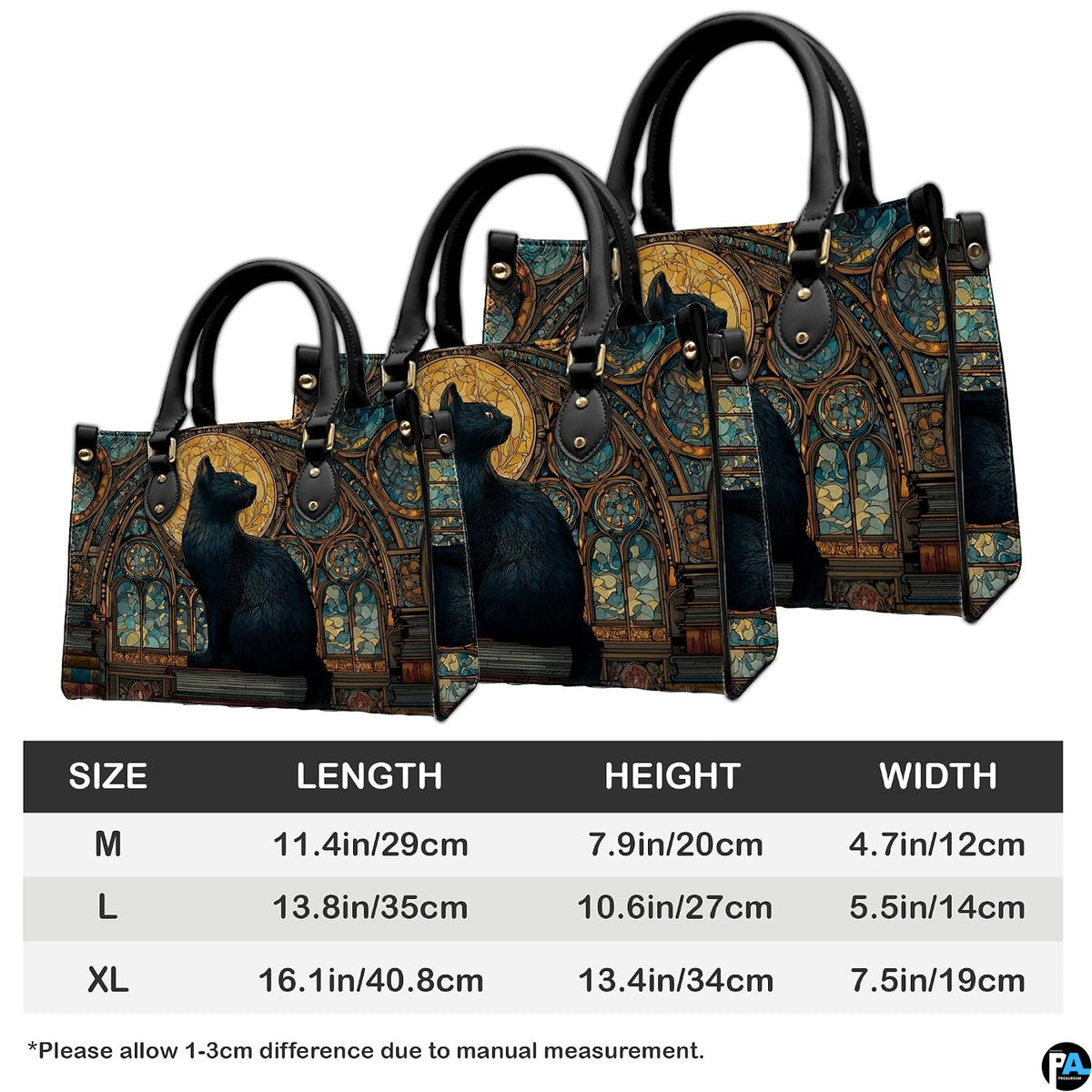 Dimensional proportion diagram showing medium, large, and extra-large comparative design views.