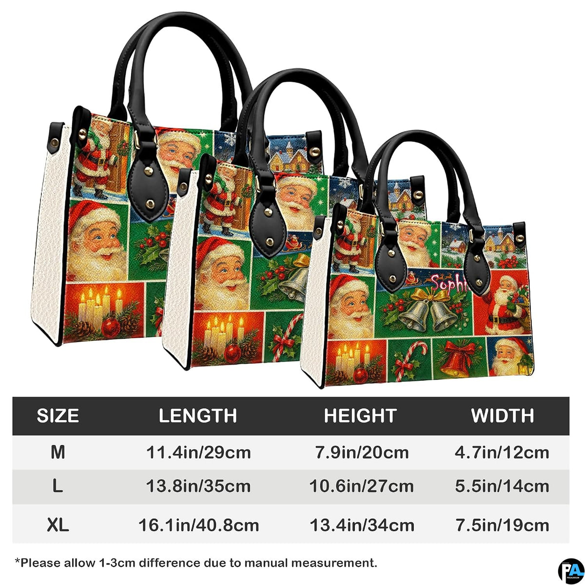 Size comparison chart detailing Medium, Large, and Extra Large handbag dimensions.