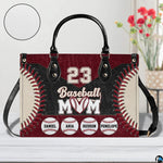 Alternative view displaying baseball handbag with dark trim and vibrant red lace graphics.
