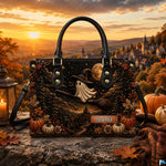 Scenic outdoor view of autumn themed satchel resting on stone ledge against rolling sunset hills.