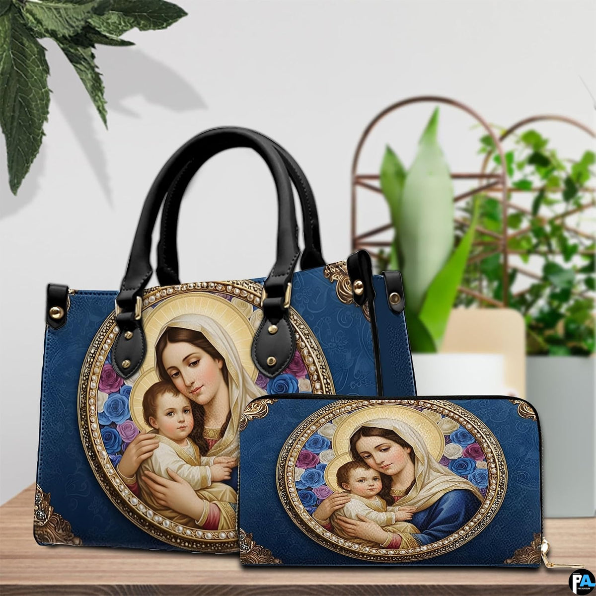 Back view of sapphire blue baroque damask handbag