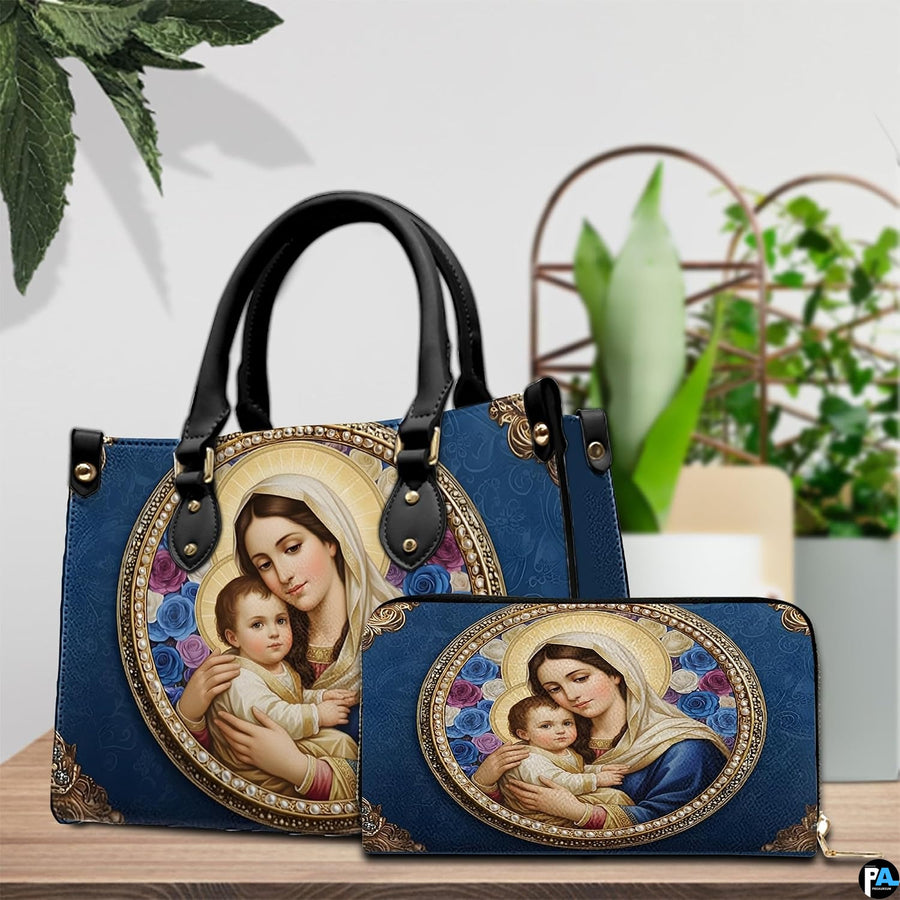 Back view of sapphire blue baroque damask handbag