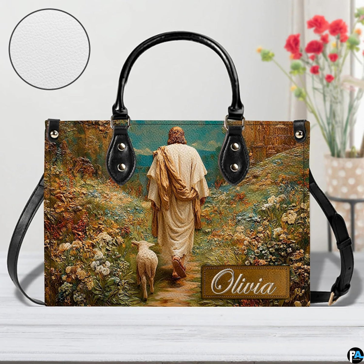 Alternative angle display of Good Shepherd wildflower meadow handbag and wallet set
