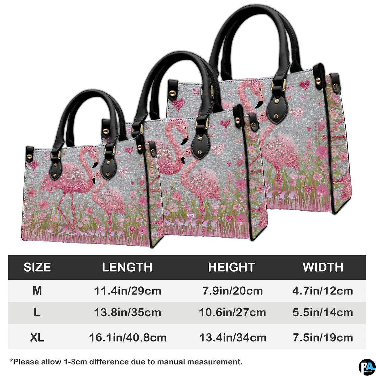 Back view of pink flamingo handbag showing coordinated floral detailing.