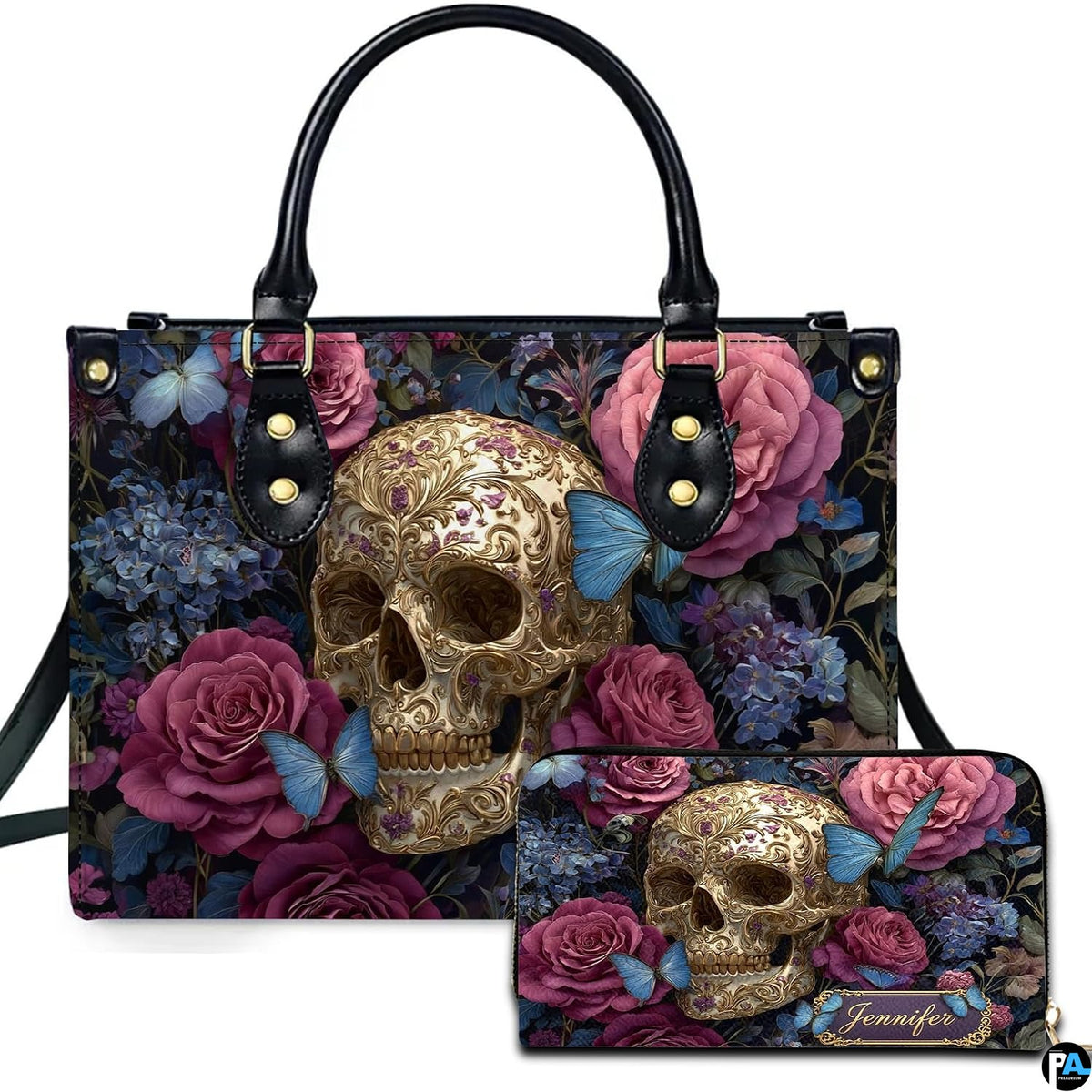 Gothic filigree skull rose butterfly handbag and matching wallet set on white background.