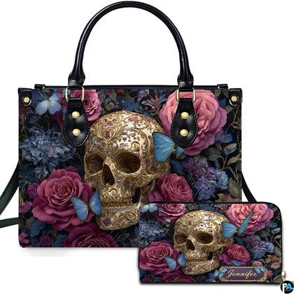 Gothic filigree skull rose butterfly handbag and matching wallet set on white background.