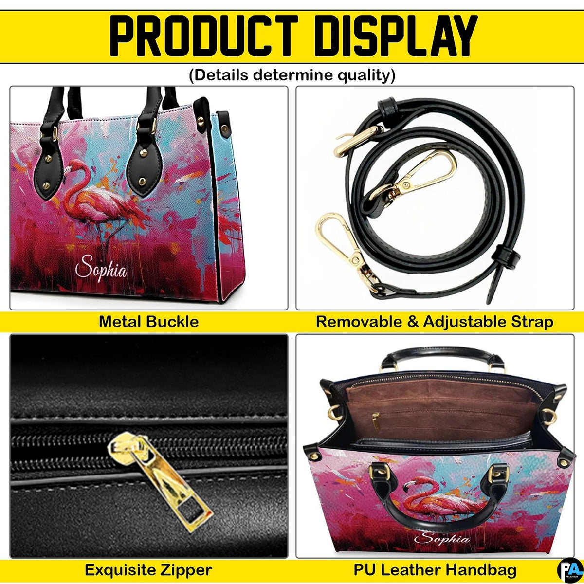 Matching zip wallet showing the identical abstract splatter flamingo artwork.