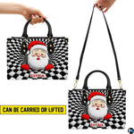 Dual display showing handheld carrying and shoulder wear for optical illusion Santa handbag.