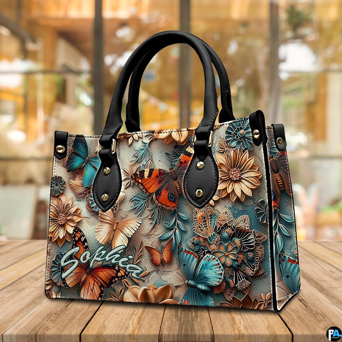 Alternative angle display of butterfly daisy relief handbag and wallet