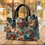 Alternative angle display of butterfly daisy relief handbag and wallet