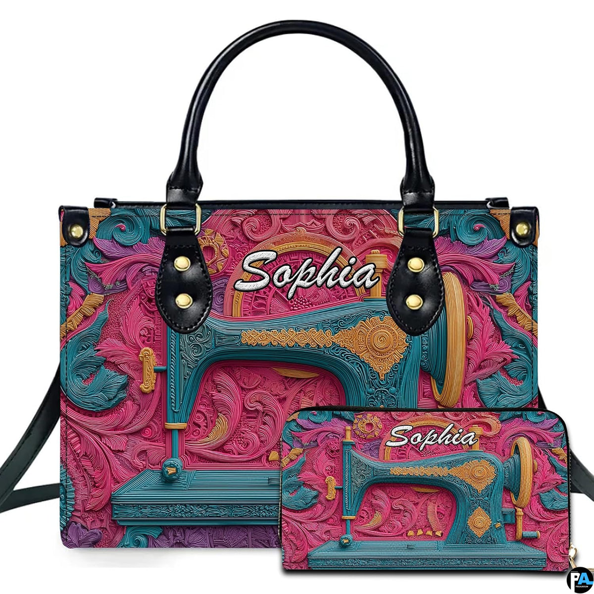 Studio presentation of vintage sewing machine art beside matching rectangular companion accessory.
