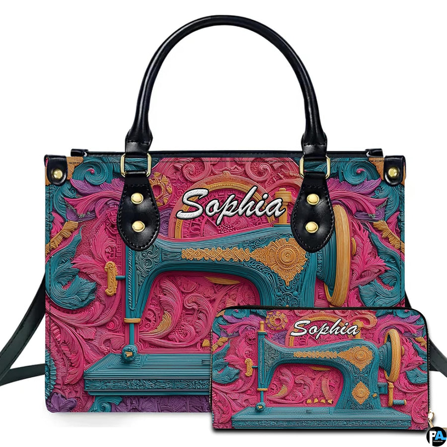 Studio presentation of vintage sewing machine art beside matching rectangular companion accessory.
