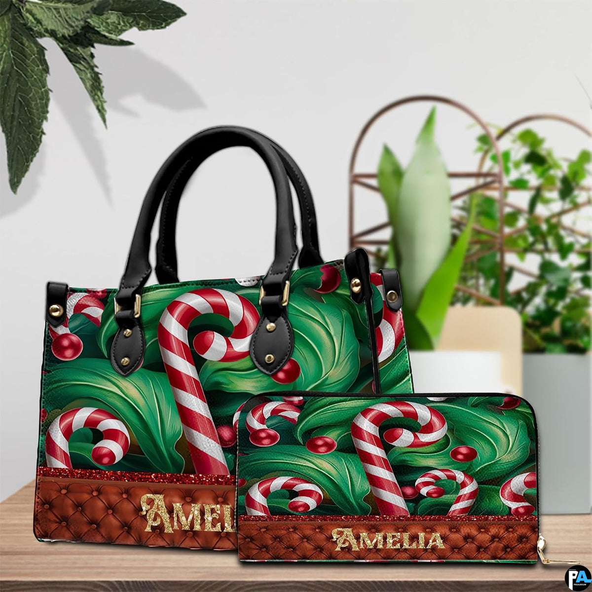 Coordinated accessory pair displayed on a wooden tabletop beside indoor botanical greenery.