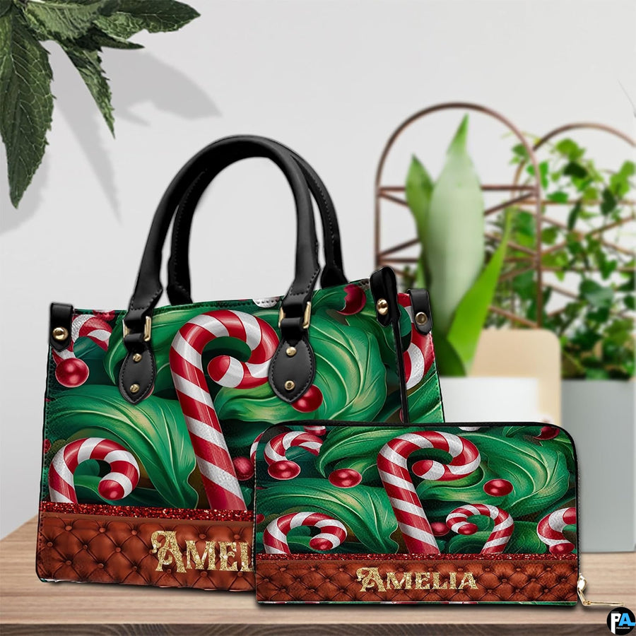 Coordinated accessory pair displayed on a wooden tabletop beside indoor botanical greenery.