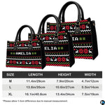 Interior compartment view of ugly sweater handbag displaying inner lining and open storage space.