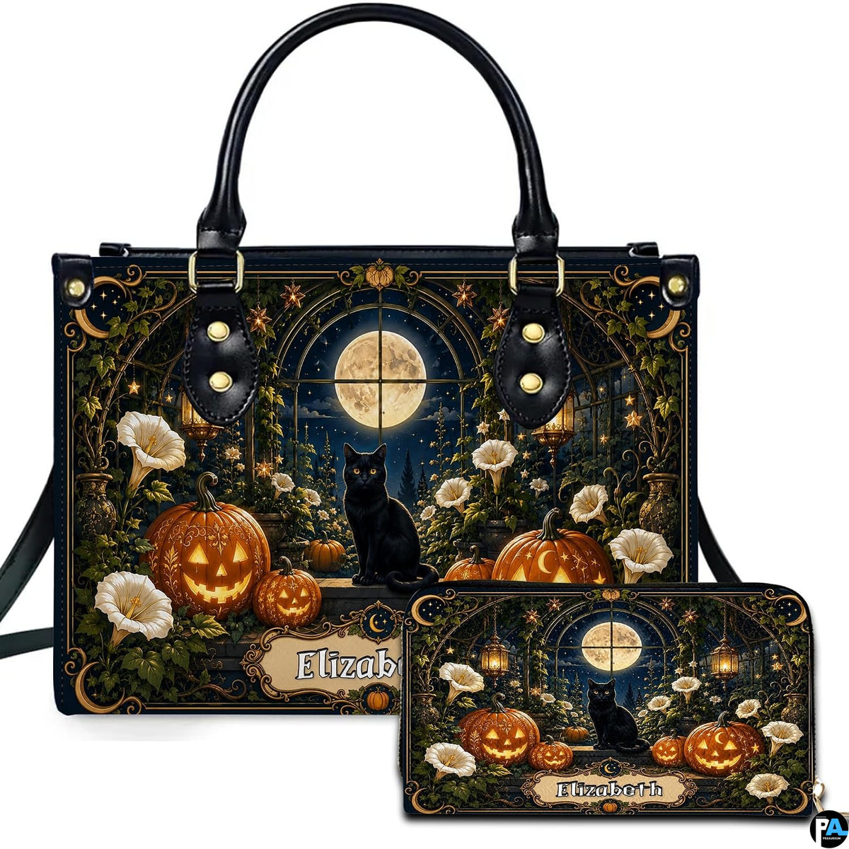 Black cat moon art depicting an attentive feline and glowing pumpkins presented across an accessory pairing.
