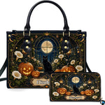 Black cat moon art depicting an attentive feline and glowing pumpkins presented across an accessory pairing.