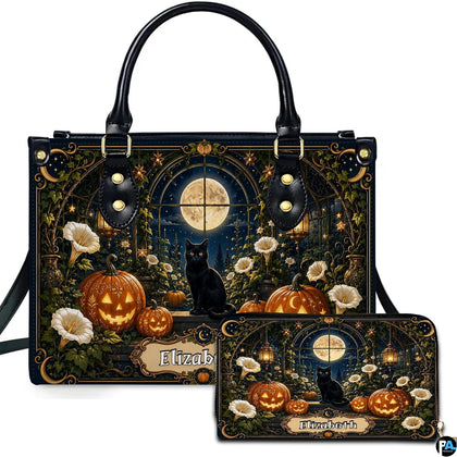 Black cat moon art depicting an attentive feline and glowing pumpkins presented across an accessory pairing.