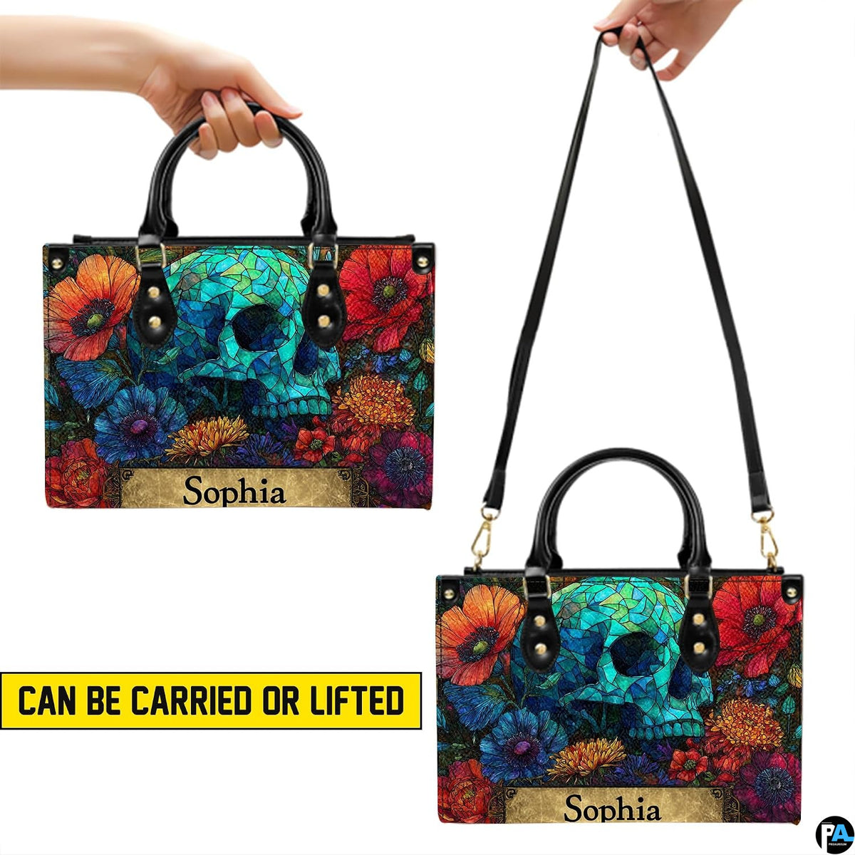 Stained glass skull handbag carrying demonstration showing top handle and shoulder strap carry.