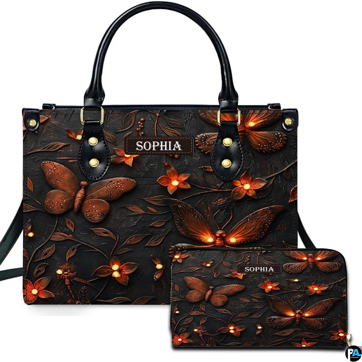 Glowing firefly handbag and matching wallet set displayed against a plain white studio background.
