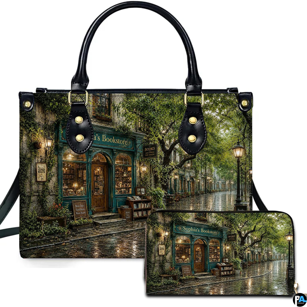 Front view of accessory set featuring rainy cobblestone street, glowing lampposts, and emerald bookshop facade