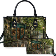 Front view of accessory set featuring rainy cobblestone street, glowing lampposts, and emerald bookshop facade
