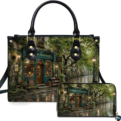 Front view of accessory set featuring rainy cobblestone street, glowing lampposts, and emerald bookshop facade