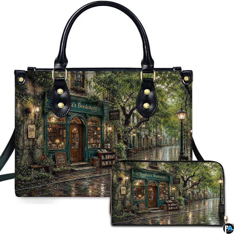 Front view of accessory set featuring rainy cobblestone street, glowing lampposts, and emerald bookshop facade