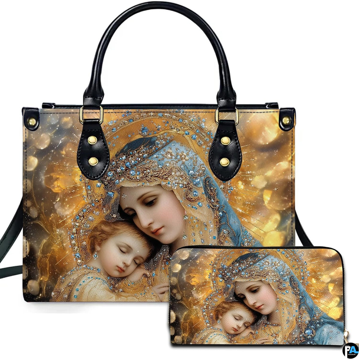 Virgin Mary and sleeping baby Jesus devotional handbag and wallet set front view on white background