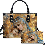 Virgin Mary and sleeping baby Jesus devotional handbag and wallet set front view on white background