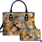 Virgin Mary and sleeping baby Jesus devotional handbag and wallet set front view on white background