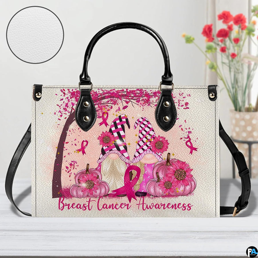 Close-up view highlighting surface texture and detailed pink ribbon gnome artwork.