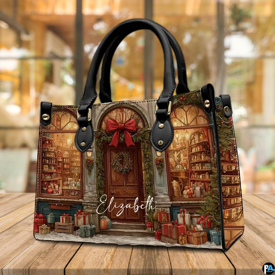 Side profile perspective of the handbag showing structured side panel and hardware.