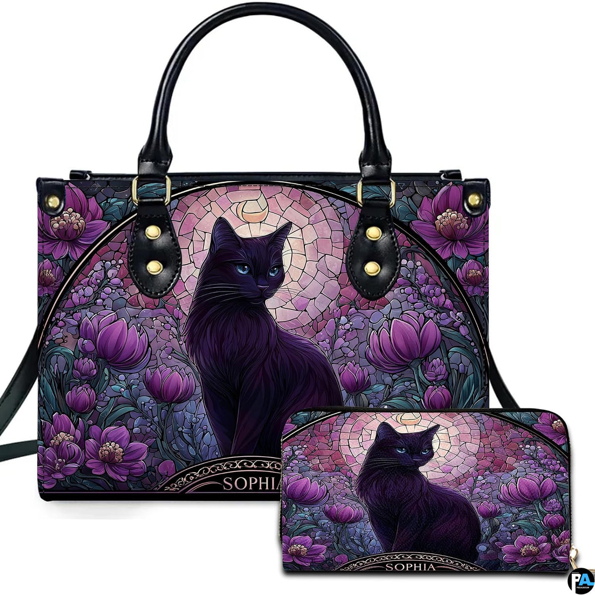 Coordinated presentation featuring stained glass black cat motif across primary and companion items.
