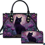 Coordinated presentation featuring stained glass black cat motif across primary and companion items.